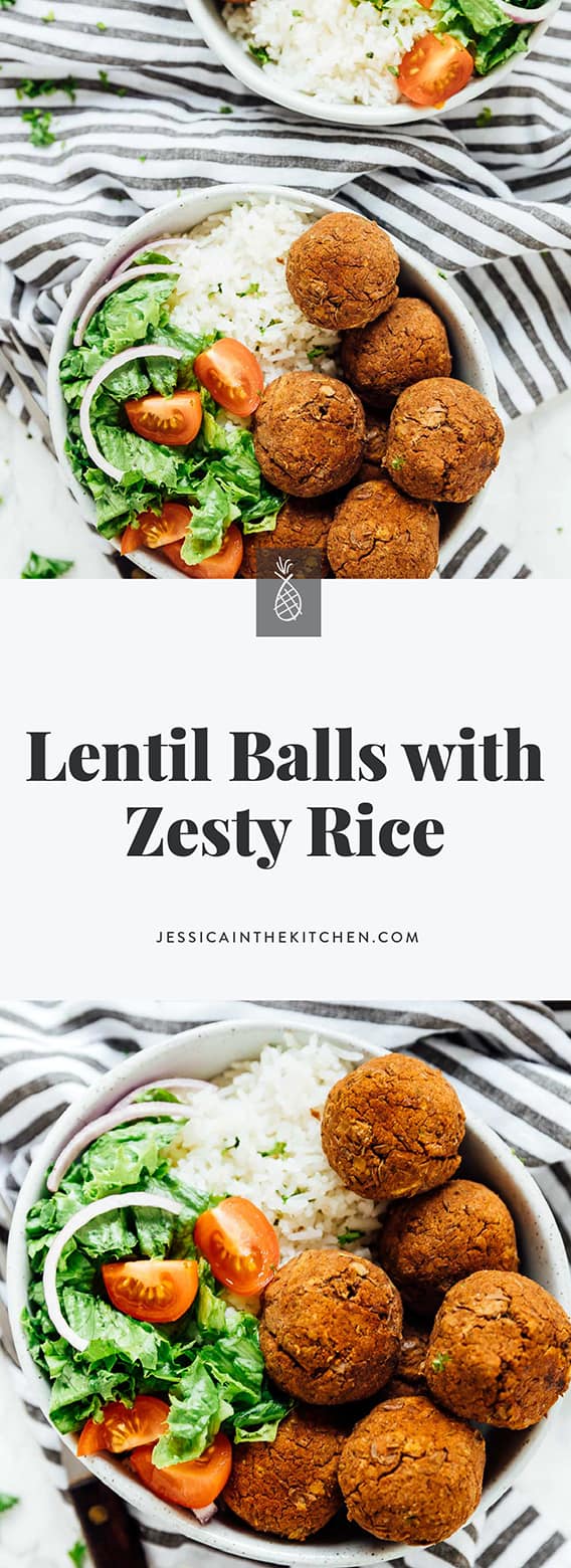 These Lentil Balls with Zesty Rice are so versatile! They're easy to make, filled with flavour and so meal preppable! via https://jessicainthekitchen.com