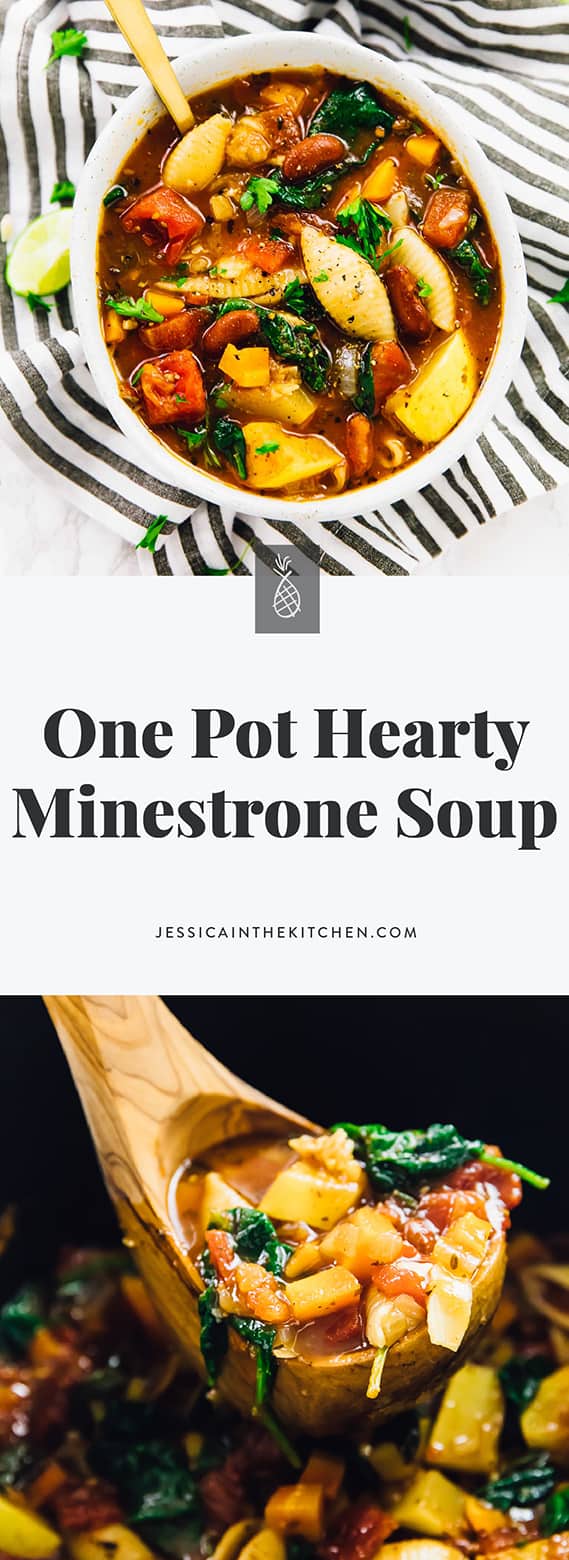 This One Pot Hearty Minestrone Soup is the best soup I have EVER had. It’s hearty, healthy and so good for you! It’s super customizable and very affordable. via https://jessicainthekitchen.com