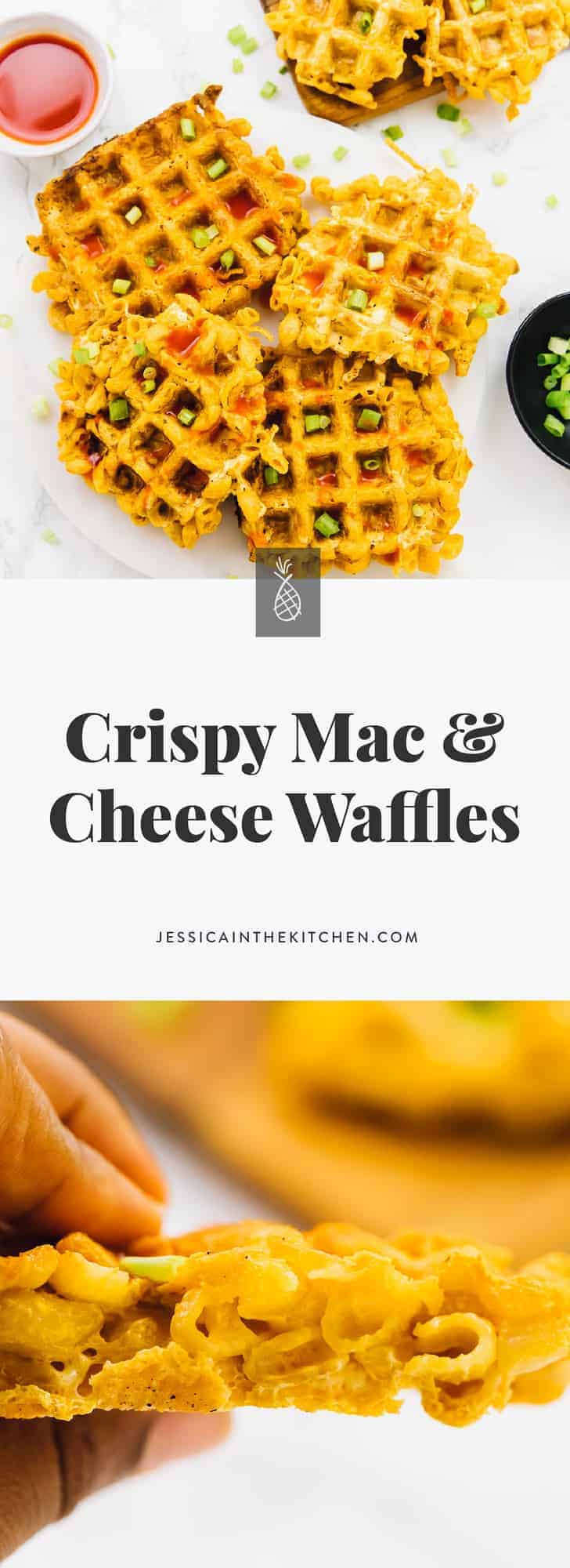 These Crispy Mac and Cheeze Waffles are the perfect indulgent side dish! Two ingredients, and you get crisp on the outside, and soft cheesy Mac and cheese on the inside of these divine waffles!