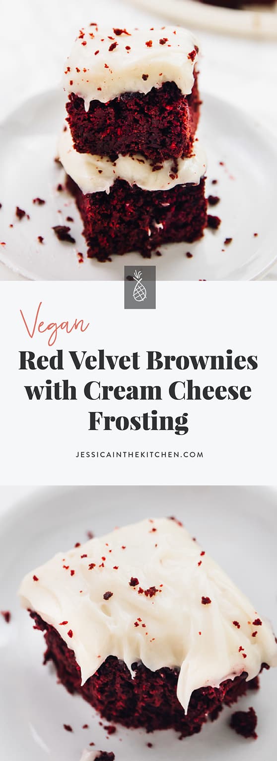 These Red Velvet Brownies are such a divine holiday treat! They're so amazing in flavour, and the vegan cream cheese frosting on top is the perfect final touch!