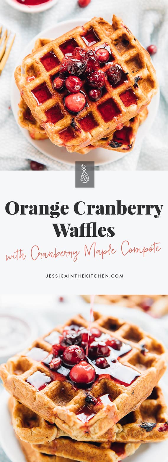 These Orange Cranberry Waffles are bursting with holiday flavour! They drizzled with a Cranberry Maple Compote and are vegan and gluten free! Via https://jessicainthekitchen.com