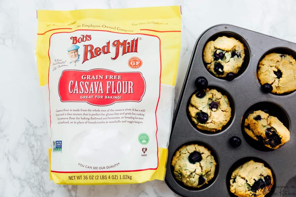 Muffins with the bag of cassava flour birds eye view.