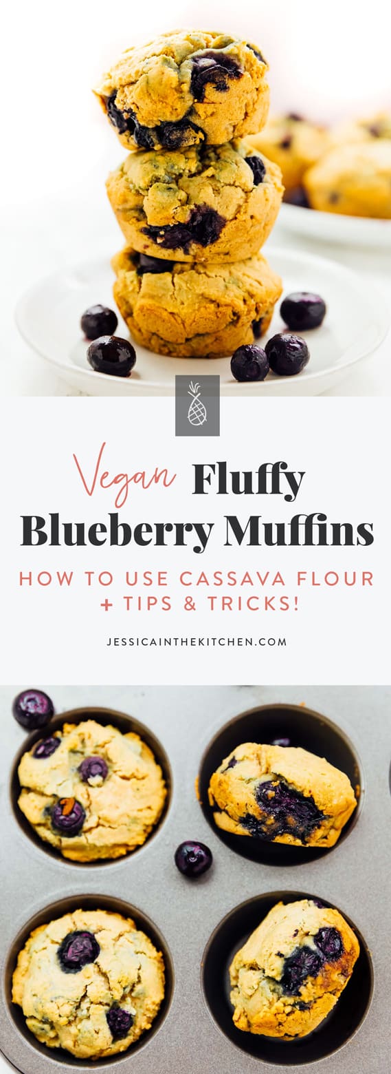 These Vegan Blueberry Muffins are fluffy, bursting with blueberry flavour and are gluten free! They're made with cassava flour - read on for more tips on how to perfectly use this flour! via https://jessicainthekitchen.com