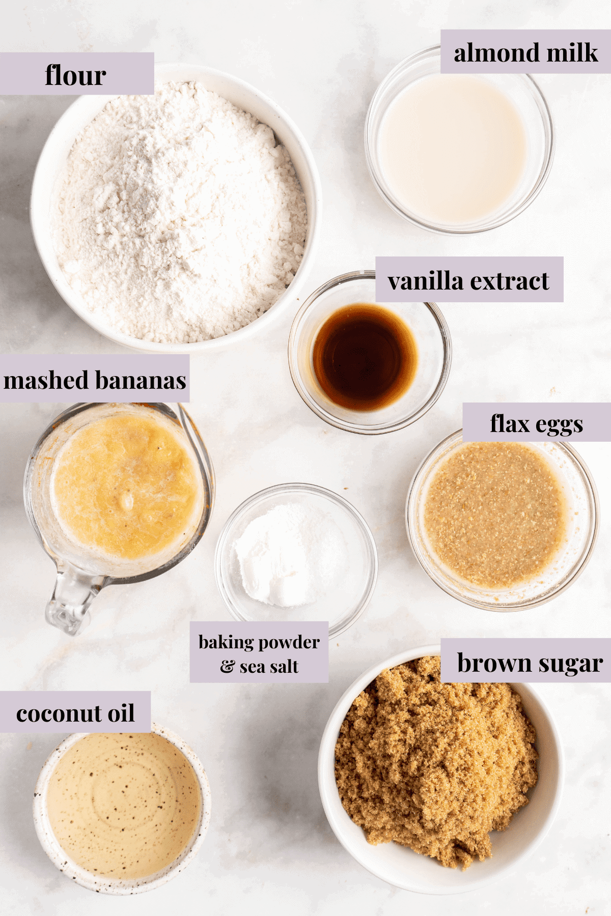 Overhead view of vegan banana bread ingredients