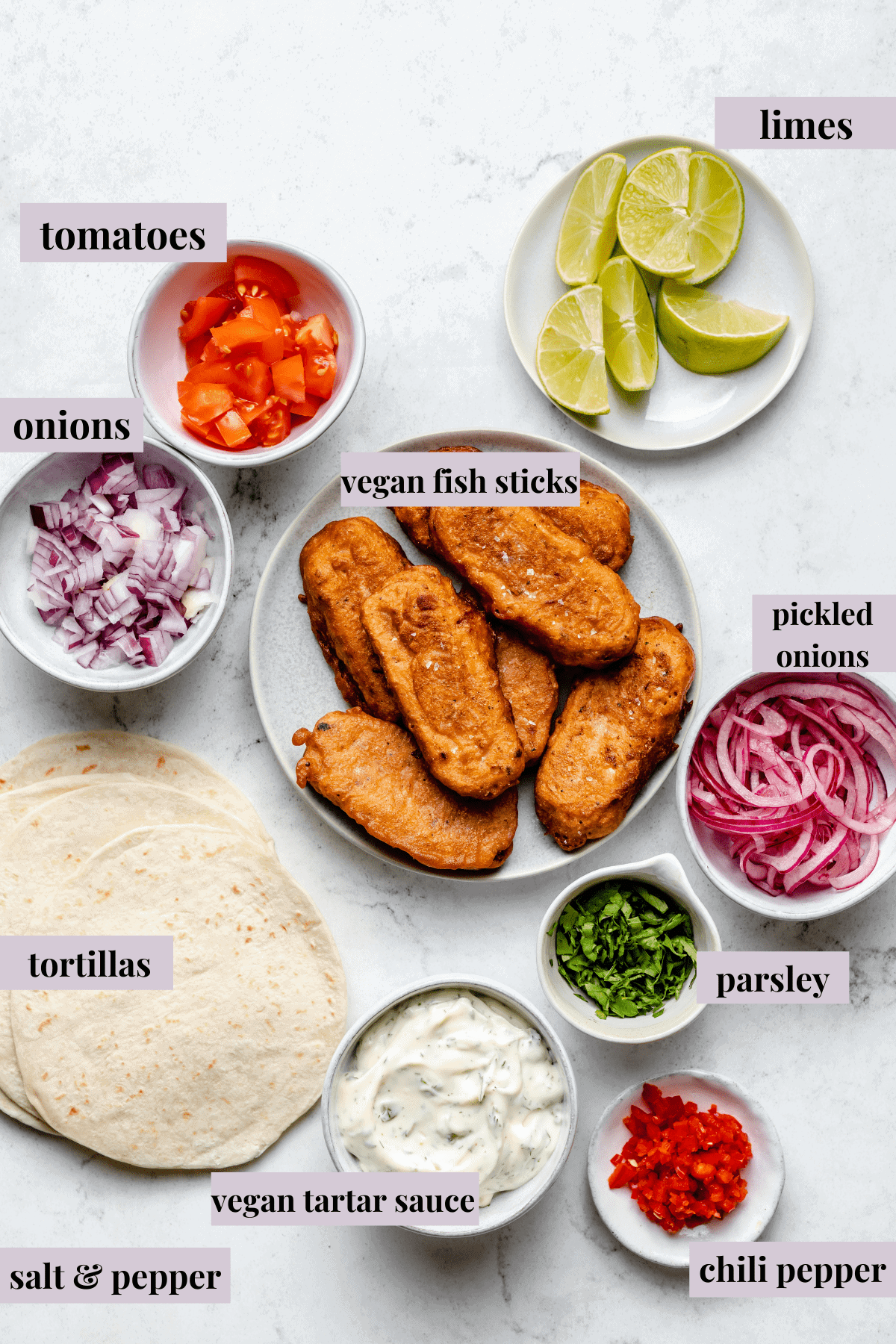 Overhead view of vegan fish taco ingredients