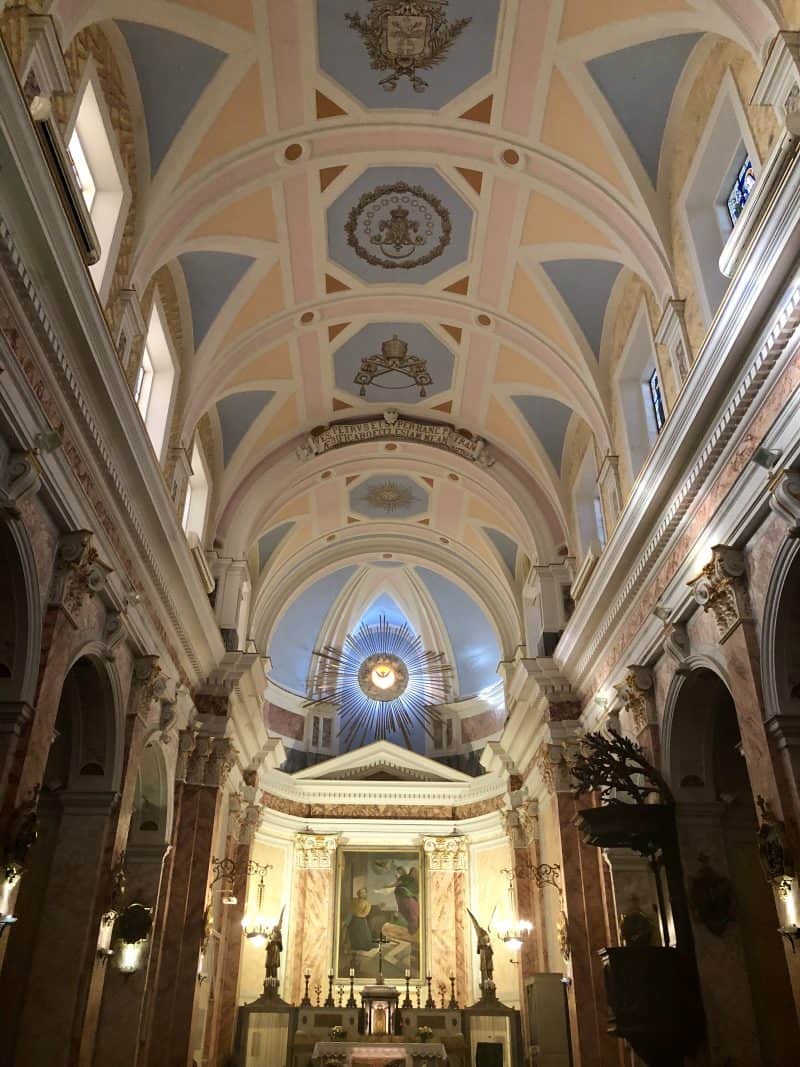 Interior shot of a church ceiling. 