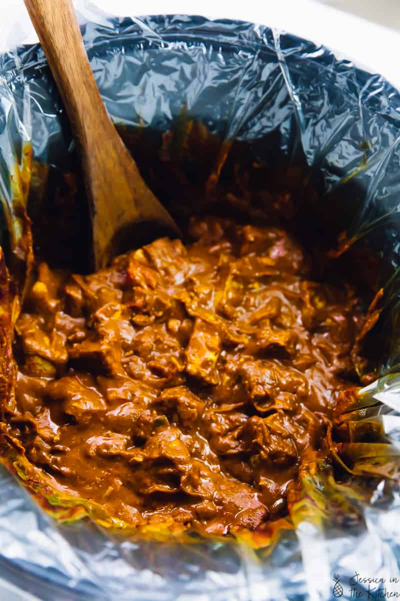 Tofu butter chicken in a slow cooker. 