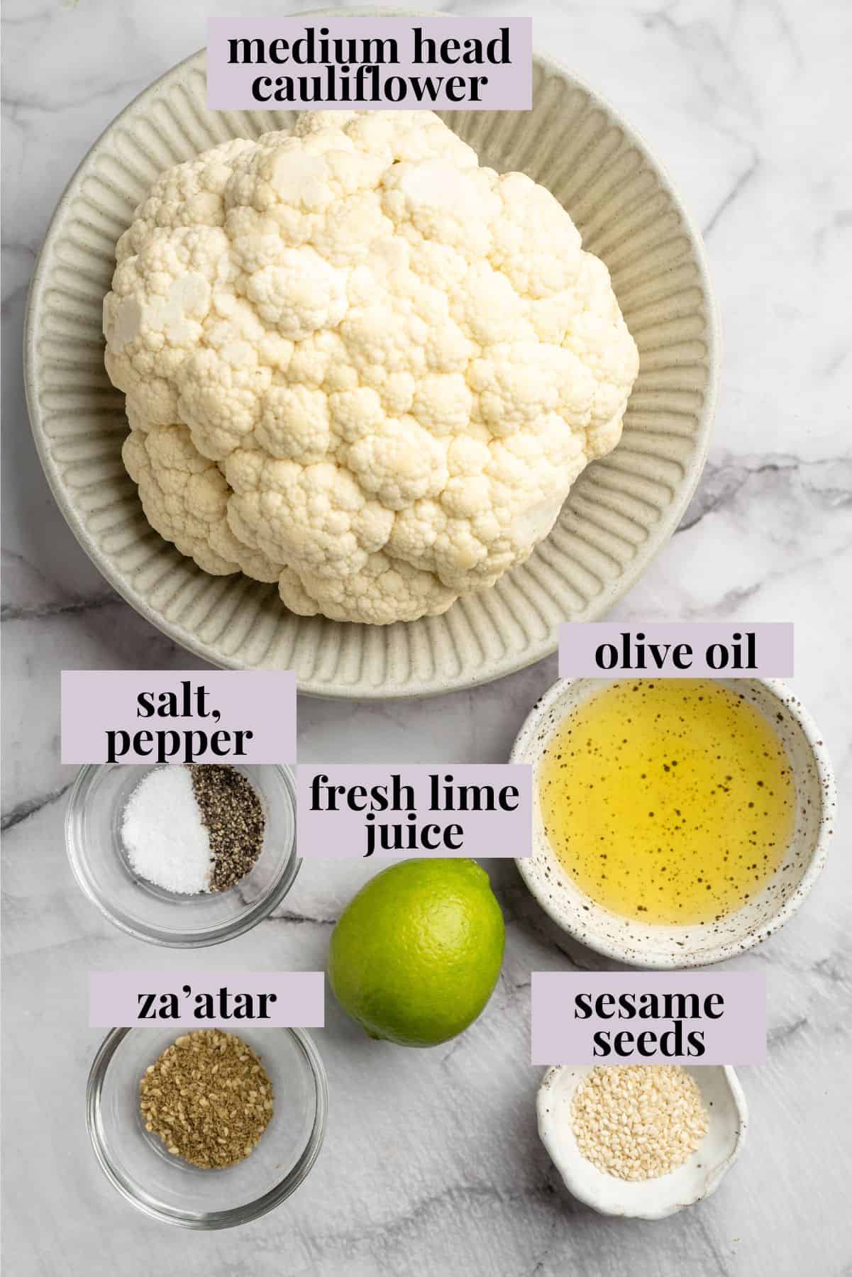Overhead view of ingredients for cauliflower steaks with labels