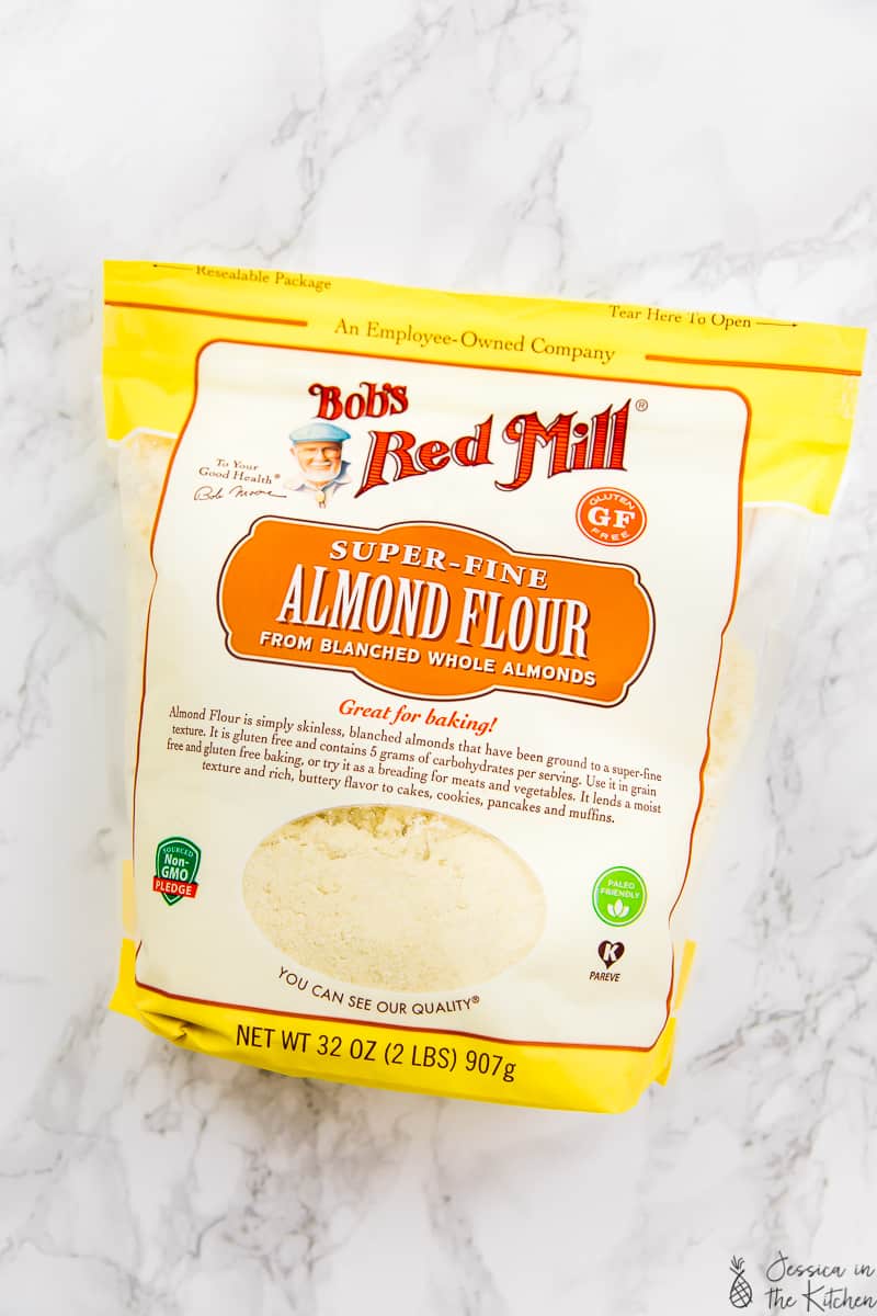 Top down shot of a pack of almond flour. 