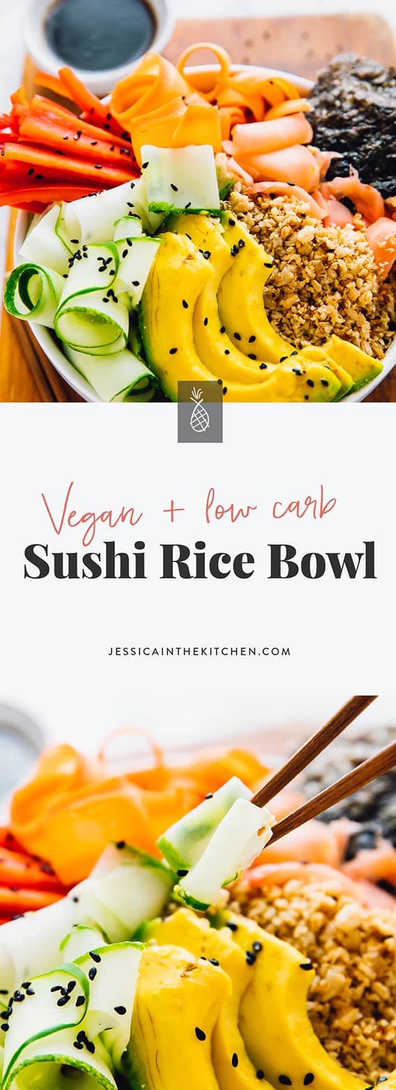 This Vegan Sushi Rice Bowl is quick and easy and like making sushi, in under 30 minutes! It's crunchy, low carb and drizzled with a divine sesame soy dressing! It makes a great quick lunch or dinner! via https://jessicainthekitchen.com