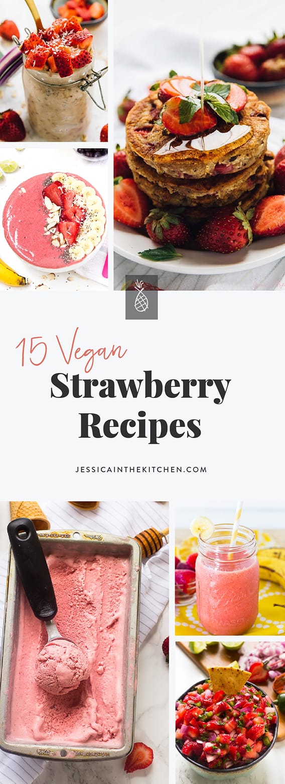 A pinterest pin for vegan strawberry recipes. 