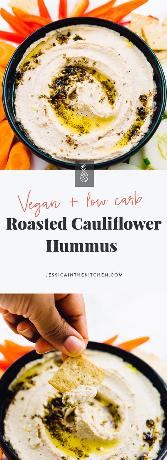 This Roasted Cauliflower Hummus is absolutely smooth and creamy! It's perfect for a low carb spread and tastes so flavourful!