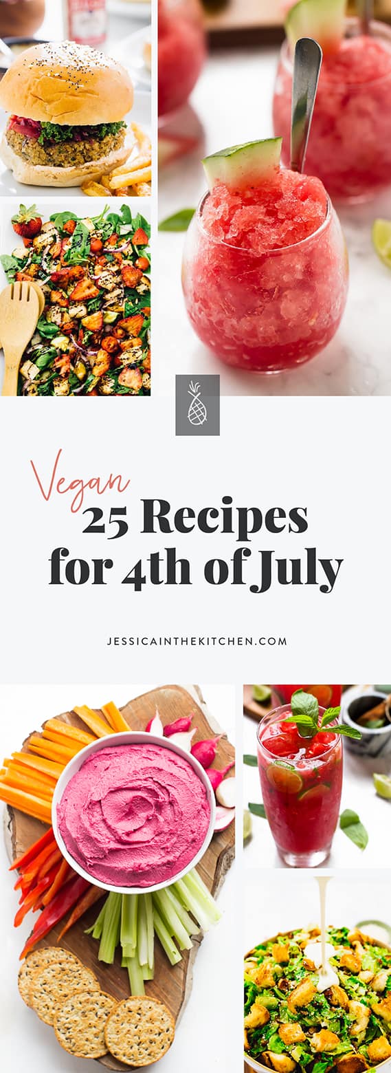 Collage of vegan 4th of july recipes being a burger, salad, granita, beet hummus, mojitos and another salad.