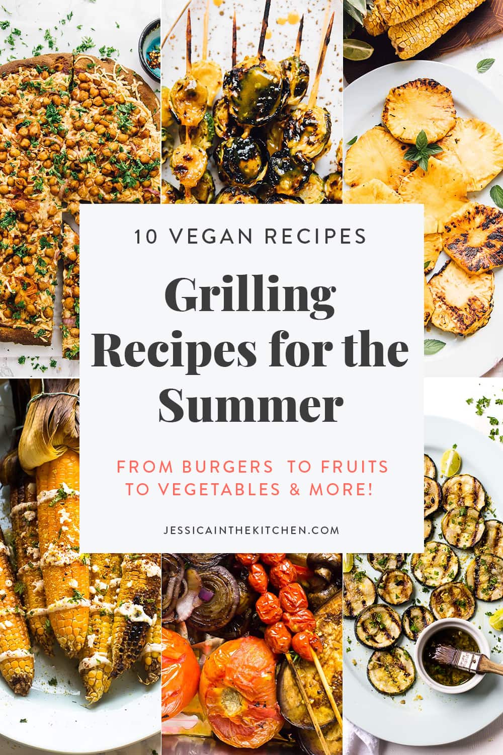 Image of 6 photos of grilled recipes with text.