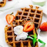 Top down view of low carb waffles on a plate.