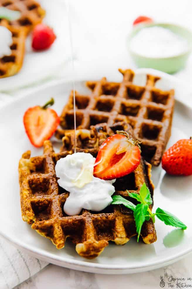 Top down view of low carb waffles on a plate.