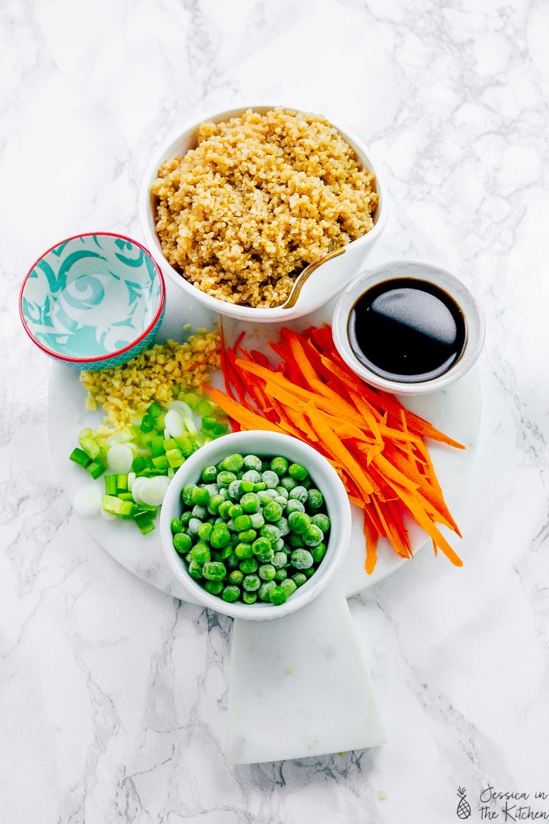 Overhead view of ingredients for quinoa fried rice