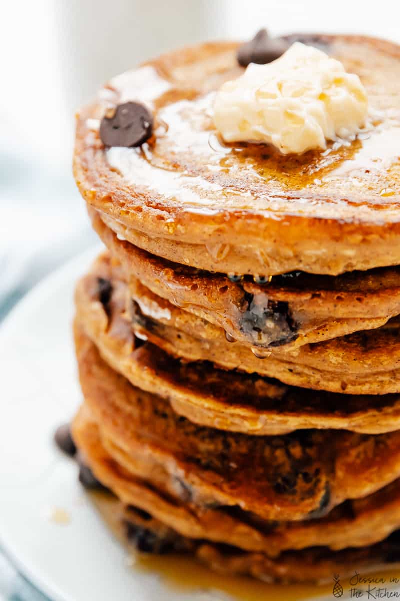 A stack of vegan pancakes on a plate. 