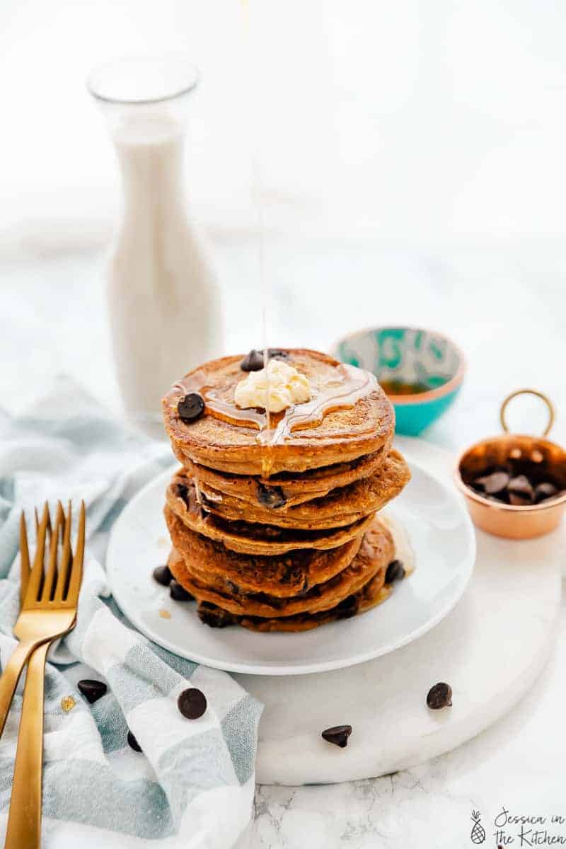 A plate of pumpkin chocolate chip pancakes.