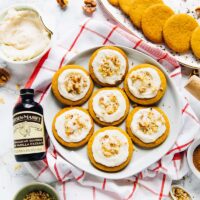 Top down view of pumpkin spice cookies on a plate.