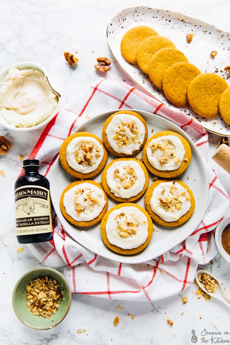 Top down view of pumpkin spice cookies on a plate. 