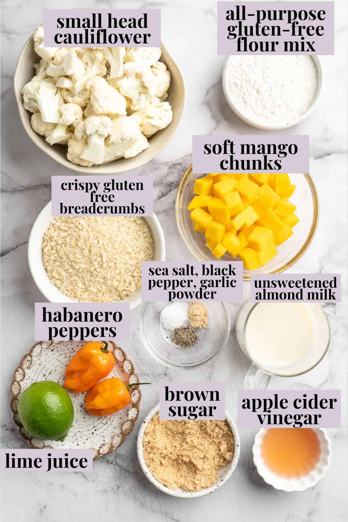 Overhead view of ingredients for mango habanero cauliflower wings with labels