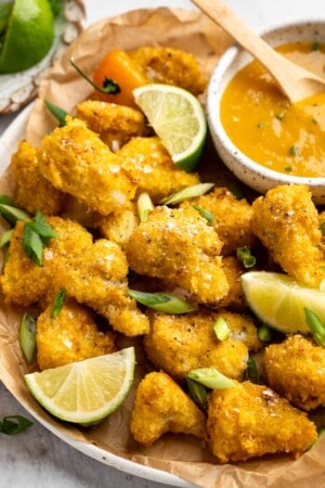 Mango habanero cauliflower wings in large serving bowl