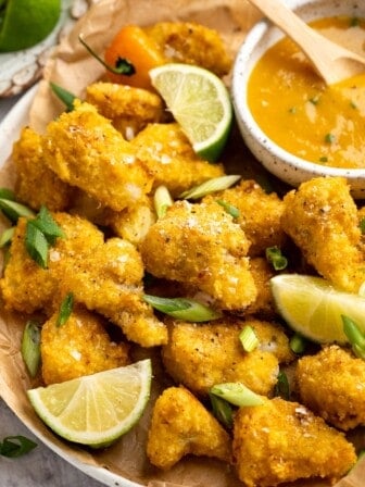 Mango habanero cauliflower wings in large serving bowl