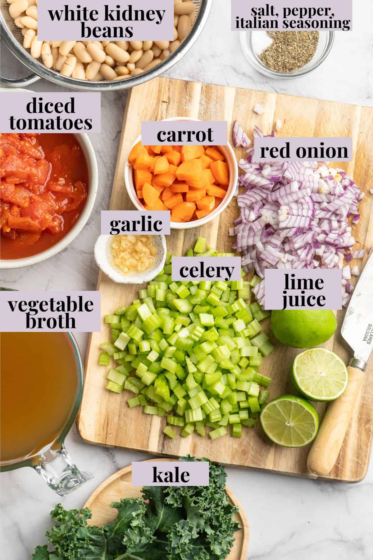 Overhead view of ingredients for white bean and kale soup