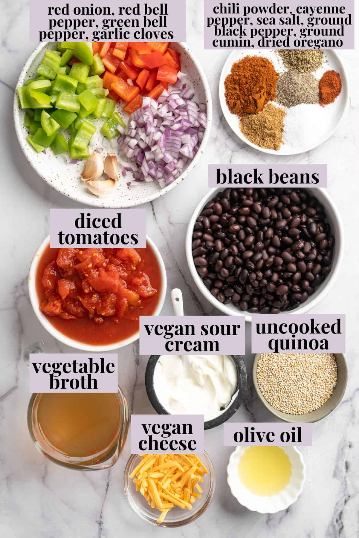 This vegan chili cornbread casserole is one of the BEST casseroles ever! The secret? Sweet, crispy cornbread baked on top of delicious chili. Overhead view of ingredients for chili in chili cornbread casserole with labels