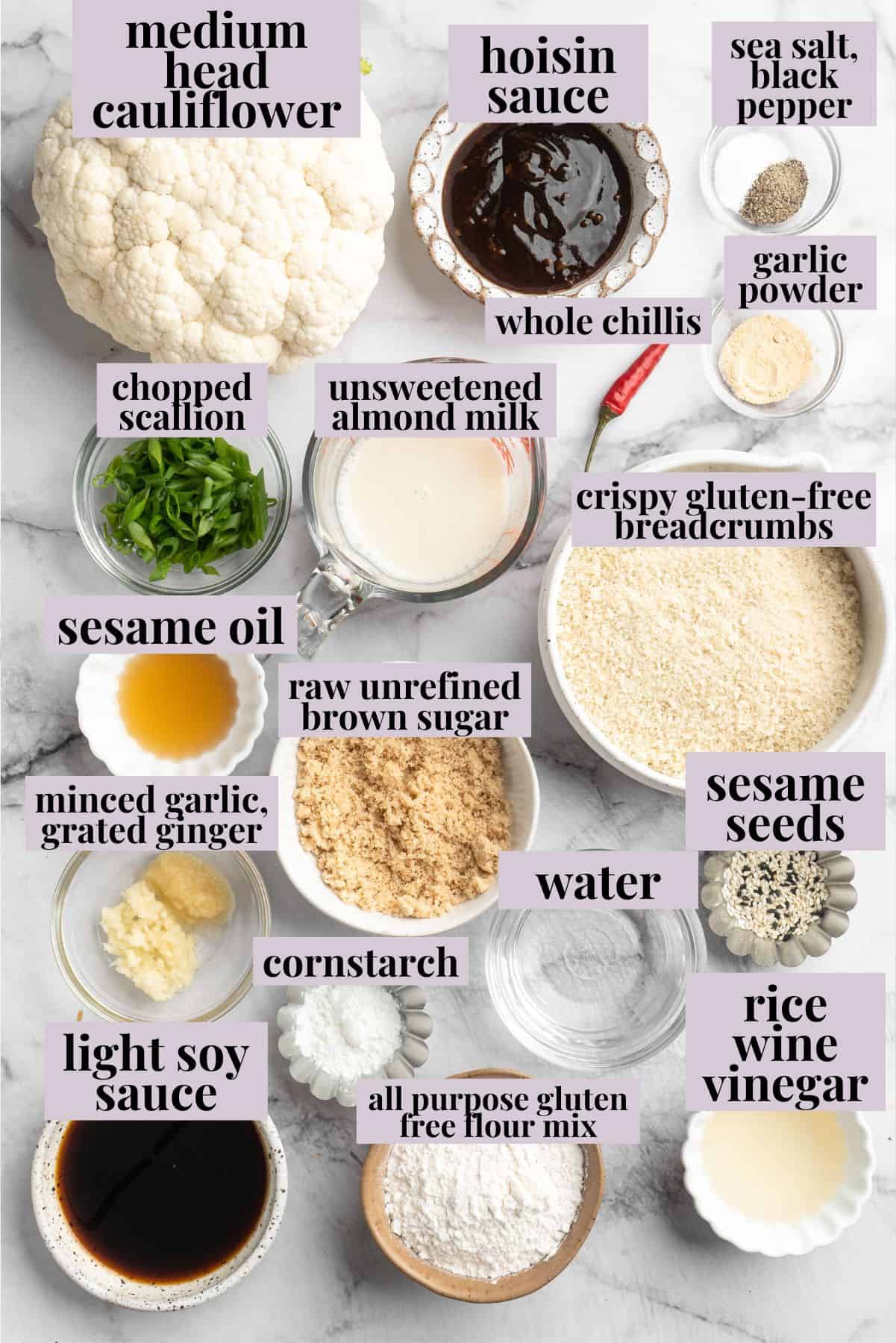 Overhead view of ingredients for General Tso cauliflower with labels