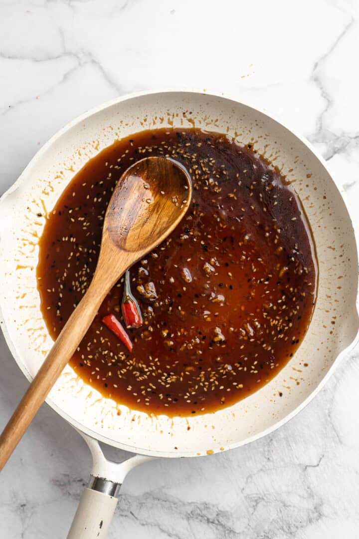Overhead view of General Tso sauce in pan