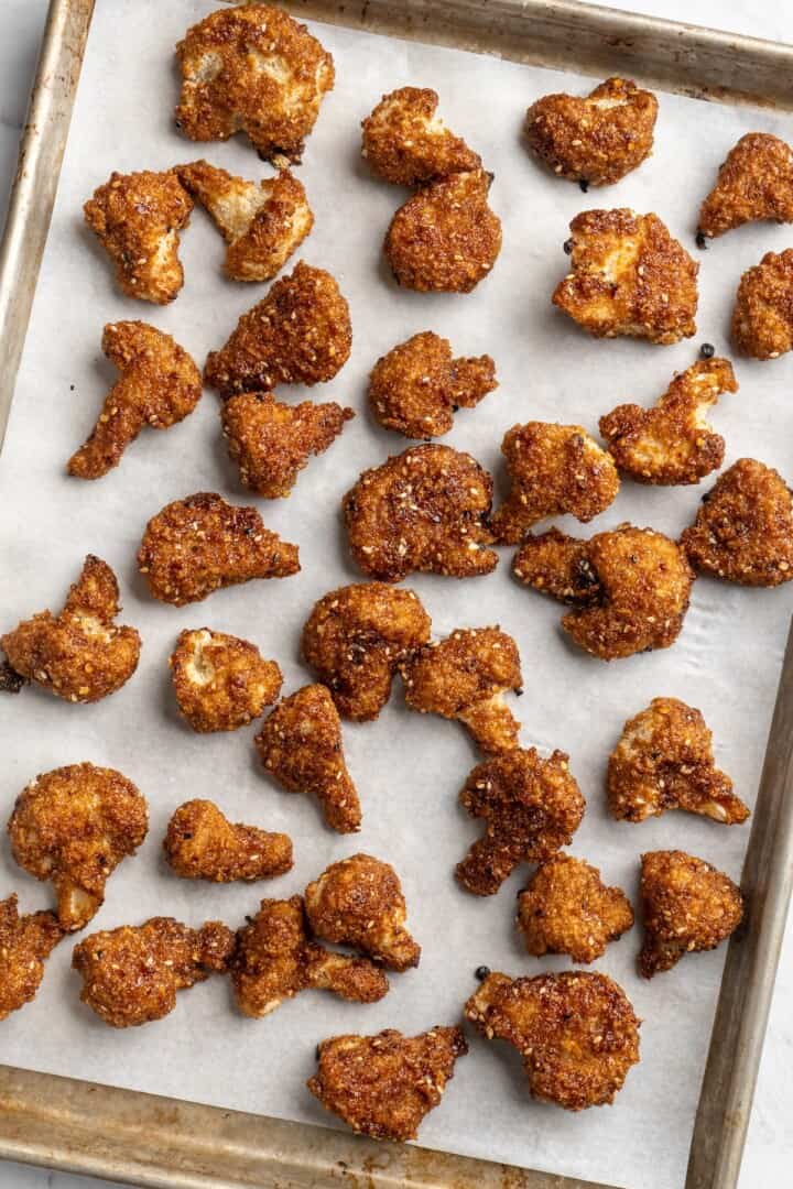 Overhead view of General Tso cauliflower on sheet pan
