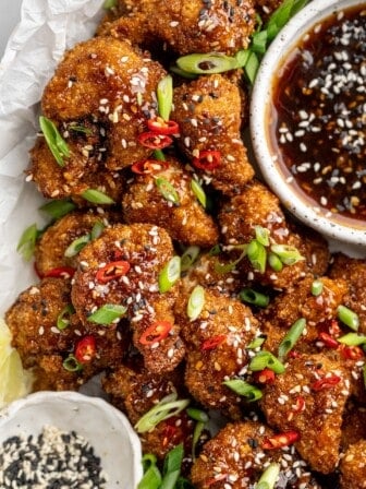 Platter of General Tso cauliflower with bowl of sauce