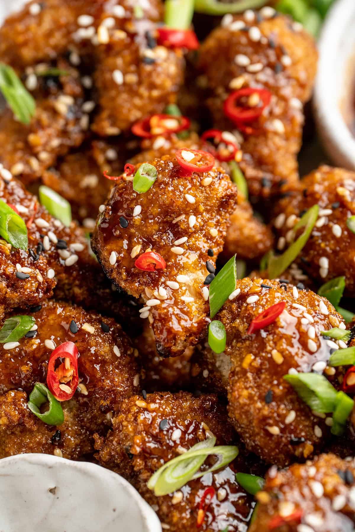 Closeup of crispy General Tso cauliflower