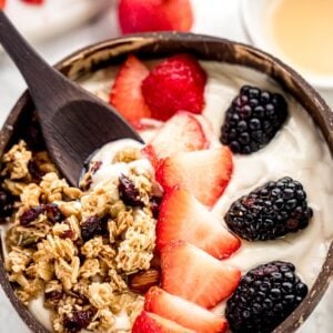A bowl of vegan yogurt, topped with berries.