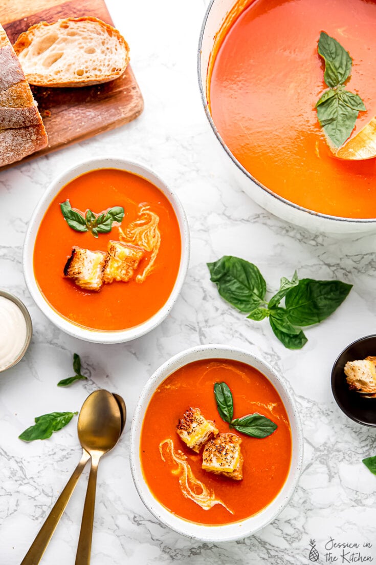 Creamy Tomato Soup with Cheesy Croutons (Vegan) - Jessica in the Kitchen