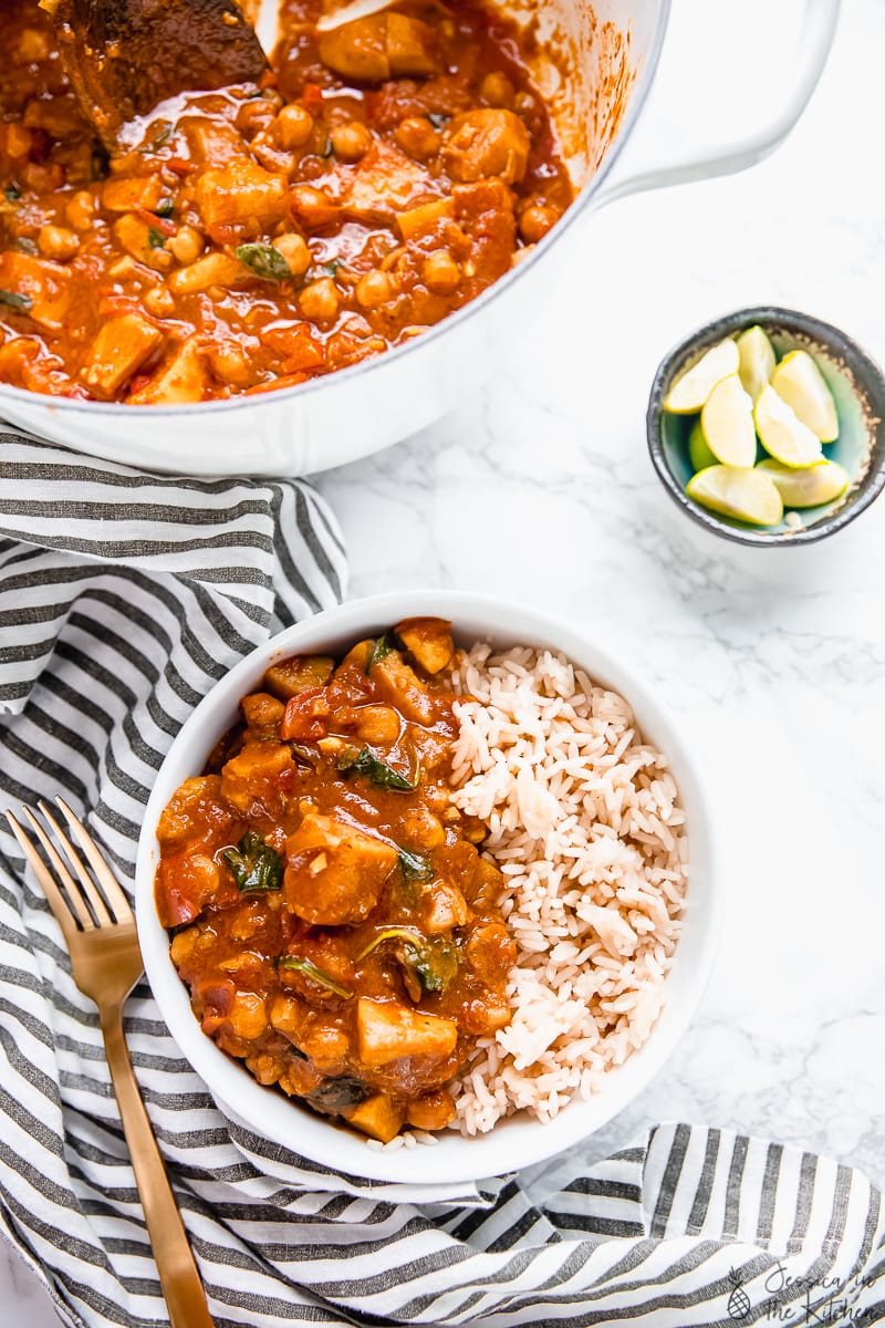 Sweet potato curry in a bowl with rice. 