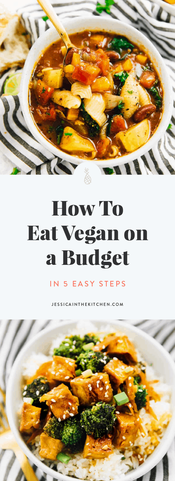 A pinterest pin for how to eat vegan on a budget.