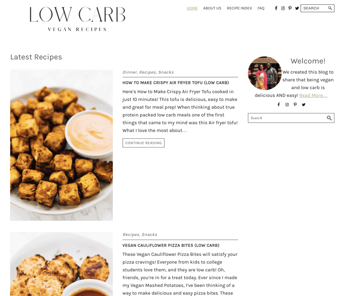 Screengrab of a low carb food website. 
