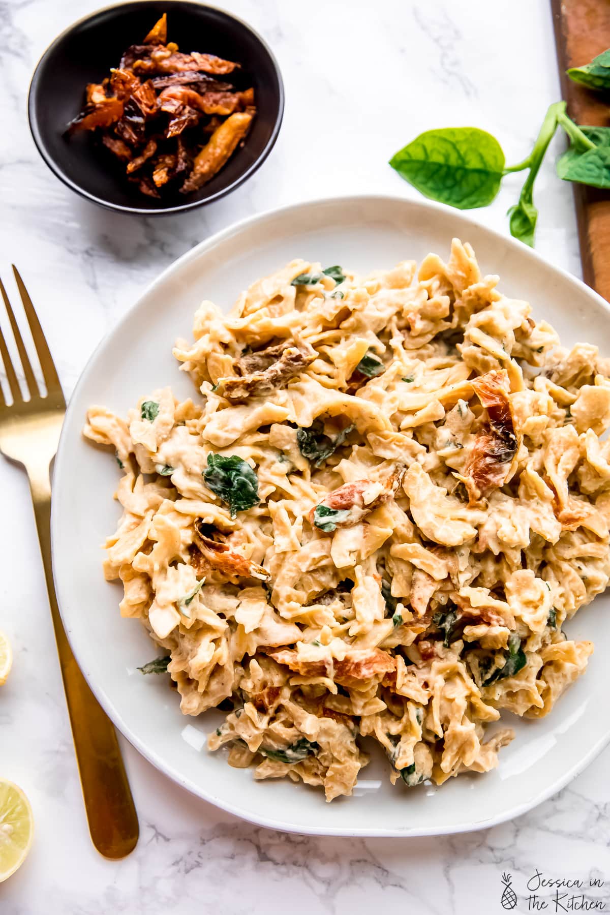 Hummus Pasta in a plate bird's eye view.