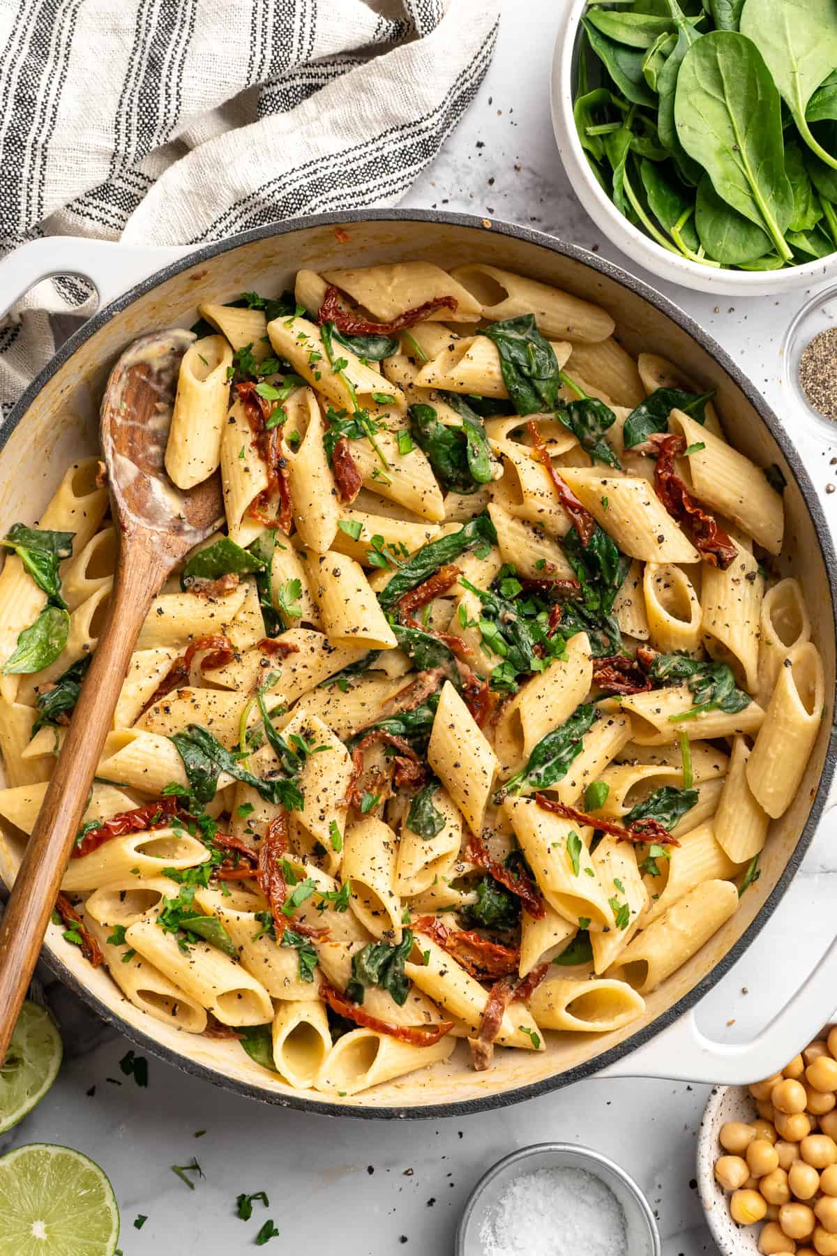Dutch oven with hummus pasta.