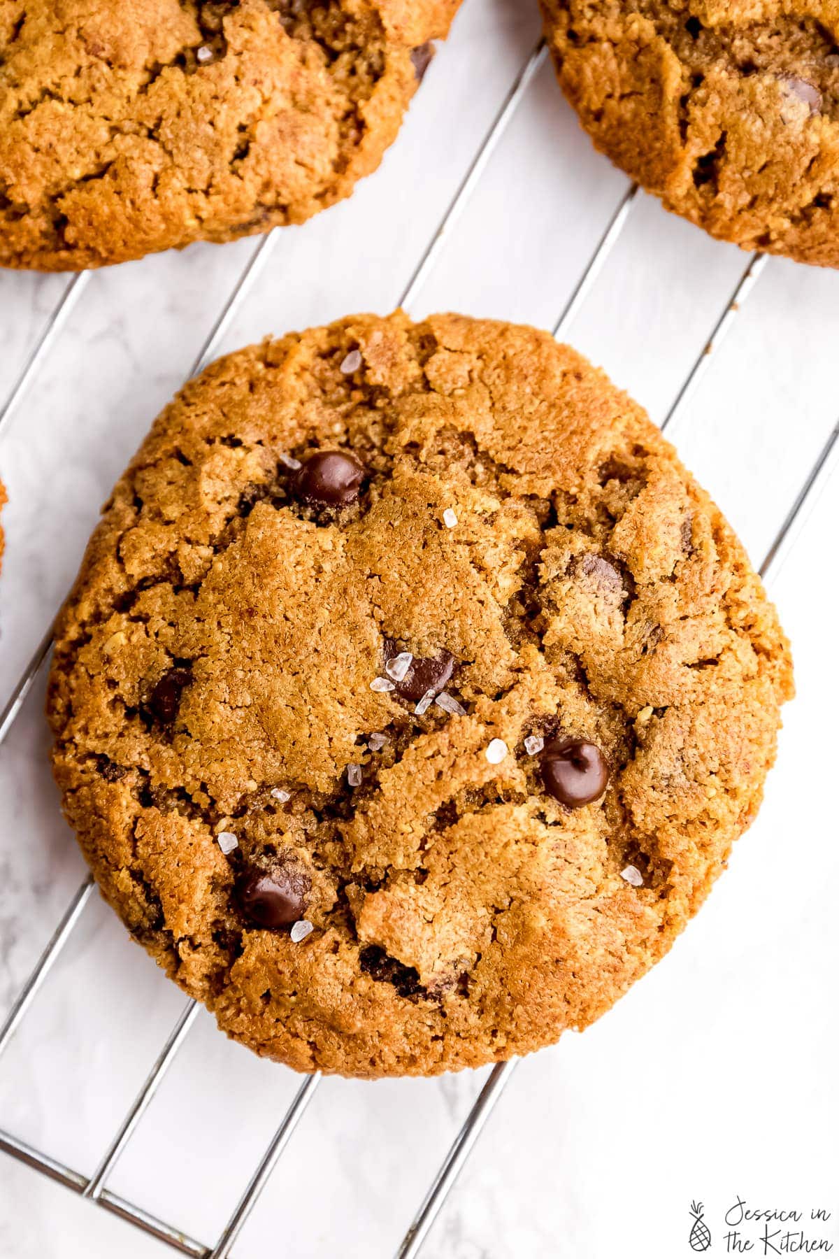 5 ingredient chocolate chip cookies arranged on a wire rack.