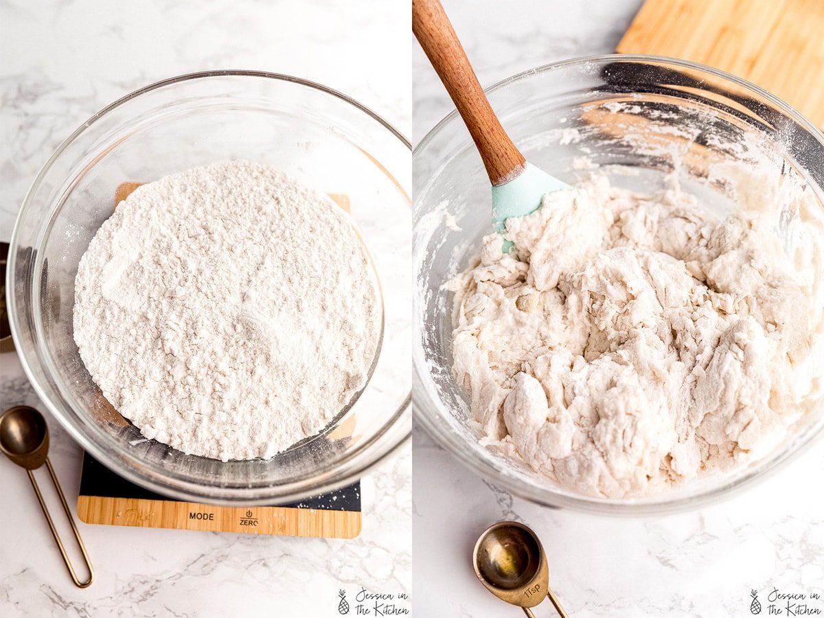 Step by step photos of no knead bread, mixing the flour.