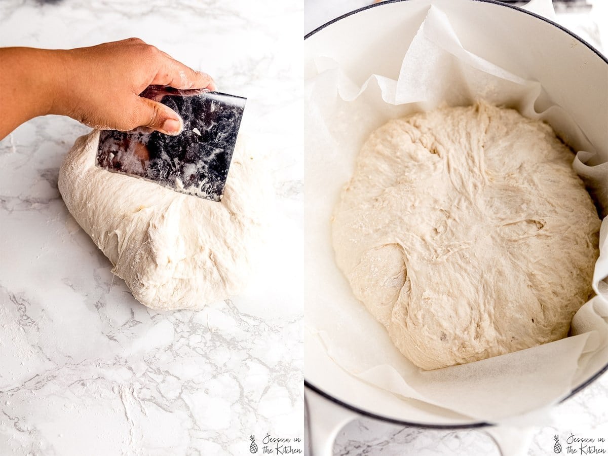 Side by side shot of cutting dough and dough in a bowl. 