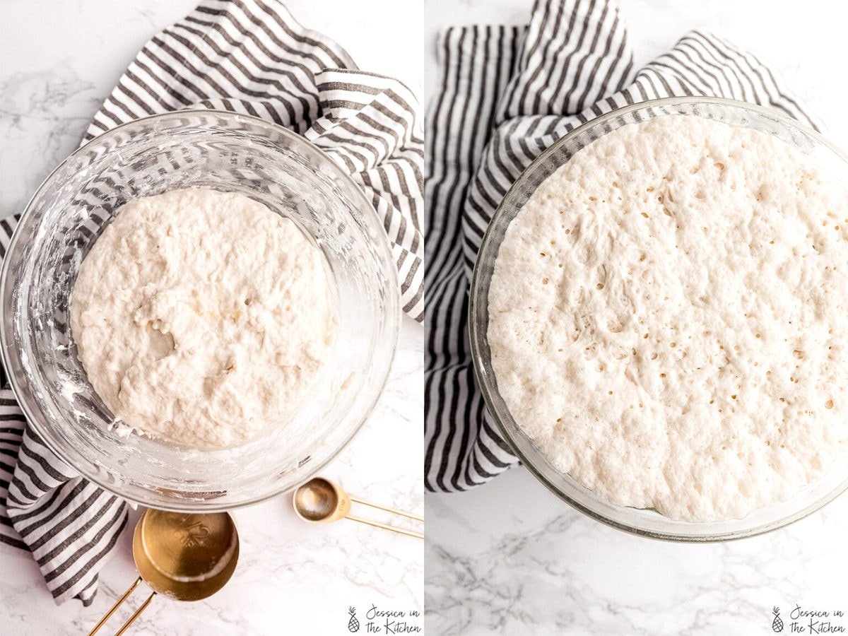 step by step photos of no knead bread, the flour