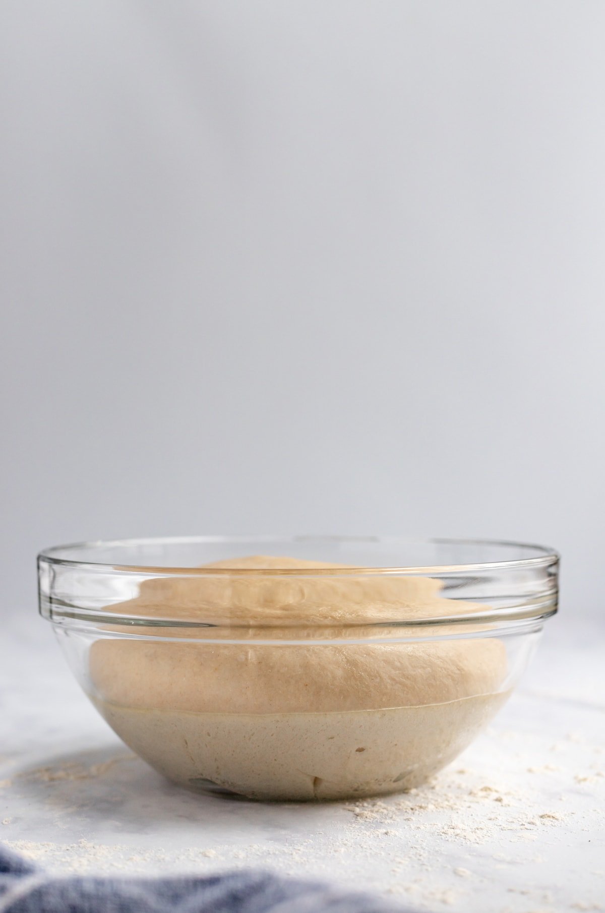Dough in a bowl that has been risen at a side angle.