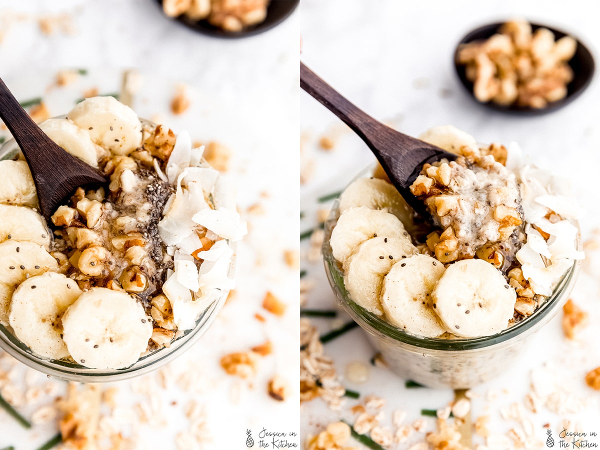 Side by side photos of close up of overnight oats and a shot of pulling the oats out.