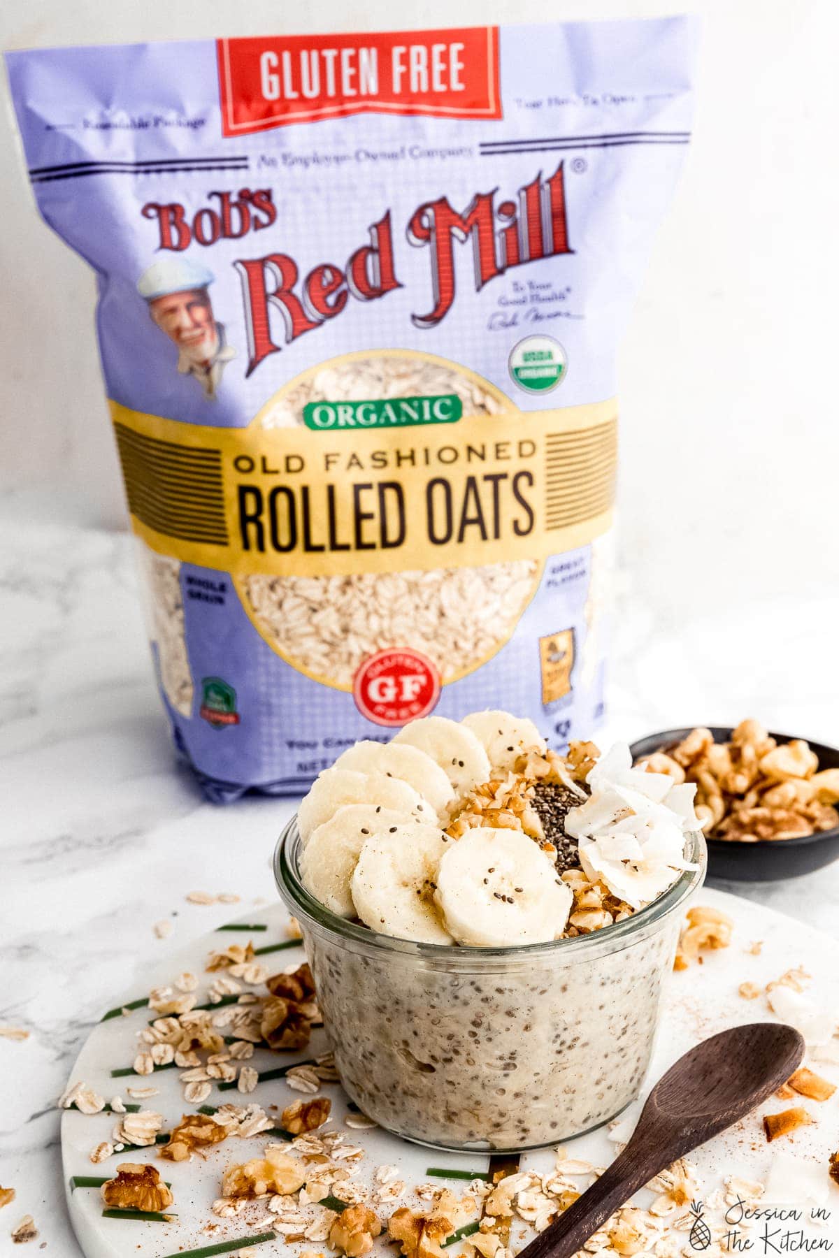 Overnight oats with bag of Bob's Red Mill Old Fashioned Rolled Oats in the background.