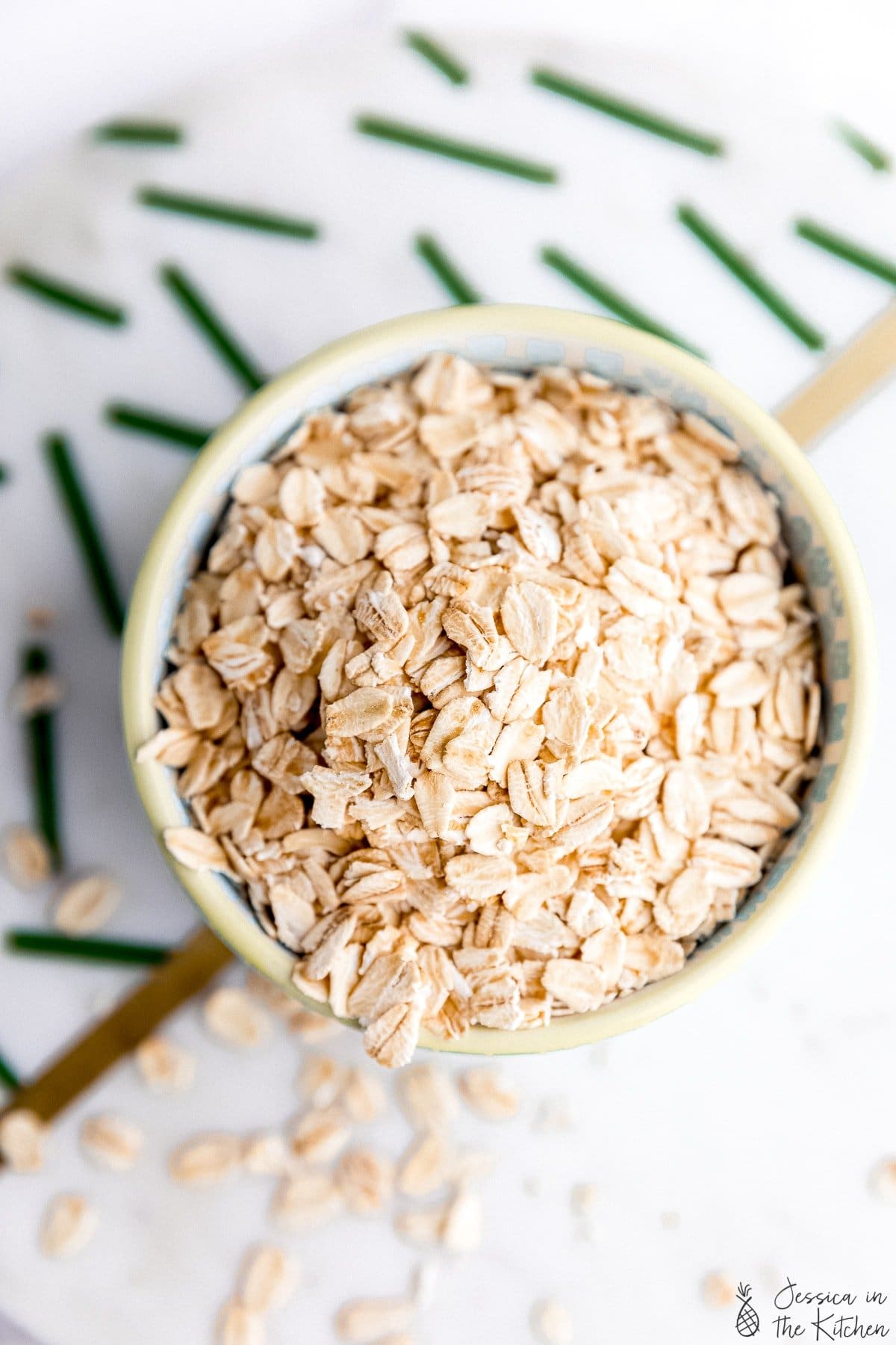 Top down view of container of oats.